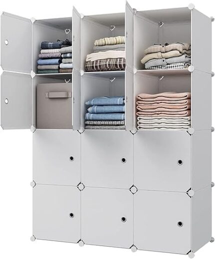 Portable Closet Clothes Wardrobe Bedroom Armoire Storage Organizer With Hanging Section, Capacious & Sturdy, 12 cabinets full white color (2 Hangers & 6 Cubes) (12 cube white)