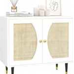 keke White Rattan Cabinet with 2 Doors & Boho Sideboard Storage Cabinet for Living Room, Kitchen & Entryway