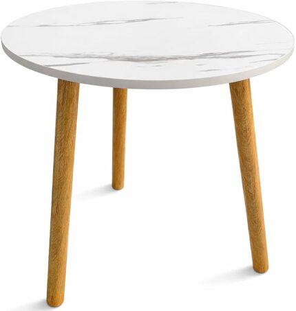 Toshionics Side Table Round Marble Finish Top 60x50cm - End Coffee table MDF desktop with 3 Wooden Legs Accent Table for Living Room, Gardern Patio, Balcony, Sofa side Table Perfect Home Decor- White