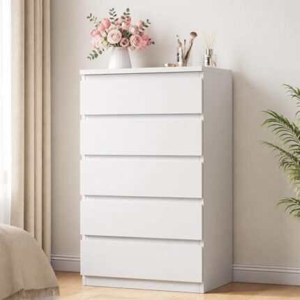 White 5 Drawer Dresser for Bedroom, 40cm D x 60cm W x 85cm H in Simply Modern Chest of Drawers, Wood Storage Dresser with Deep Drawers for Living Room Hallway Entryway