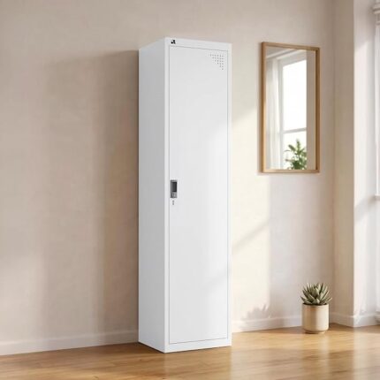RIGID Single Door Steel Storage Locker with Shelves ,  Metal Cabinet for Home, School & Office ,  Secure Key Lock, Plastic Handles, Multi-Compartment Organizer, White (45D x 38W x 180H cm) Assembled