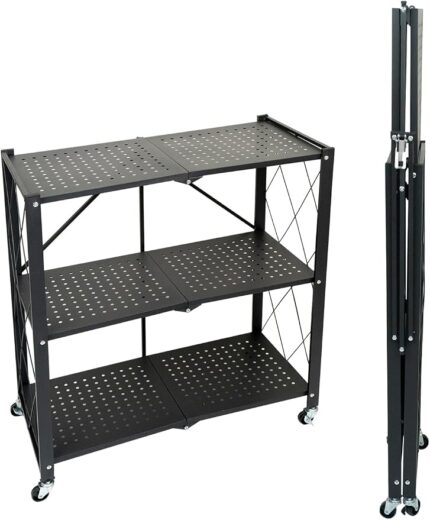 Folding Storage Shelf with Wheels, 3 Layer No Assembly Rolling Shelving Unit, Heavy Duty Metal Foldable Organizer Cart for Home Office Kitchen Bathroom (Black, 3-Tier)
