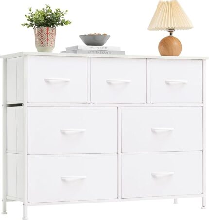 SKY-TOUCH Storage Cabinet : Bedroom Dresser with 7 Drawers Wide Storage Chest with Removable Fabric Bins Storage Organizer Unit for Living Room Entryway Hallway Nursery Kids Room (100*30*74CM White)