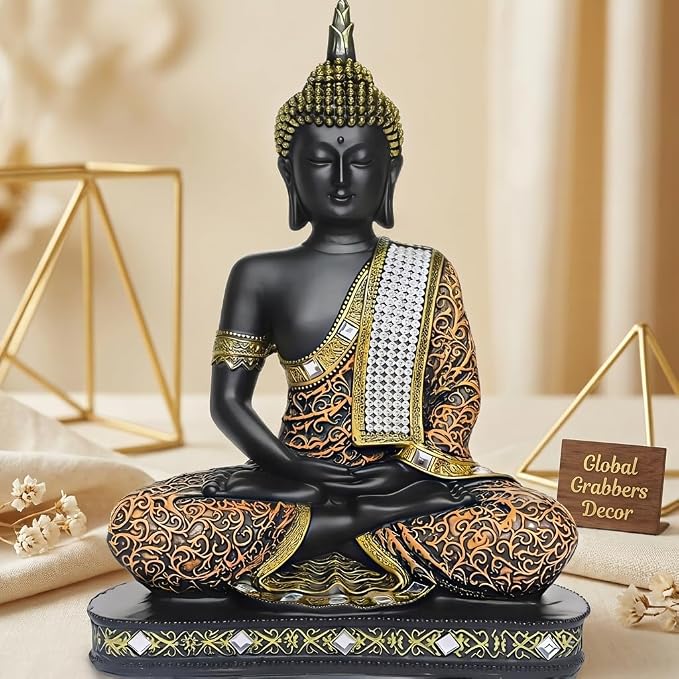 71-05lf9pNL._AC_SX679_-1.jpg Global Grabbers Sitting Buddha Idol Statue Showpiece (Orange and Black) - Image 1
