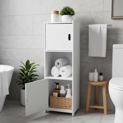 Bathroom Floor Cabinet – Tall Freestanding Organizer with Double Doors & 3-Tier Shelves – Narrow Wooden Floor Cabinet for Toilet Paper, Towels, Shampoo
