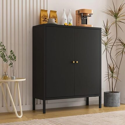 Modern Accent Storage Cabinet with Doors, Free Standing Metal Buffet Cabinet, Adjustable Shelf,Sideboard and Buffet Storage Accent Furniture for Living Room, Entryway, Dining Room, Bedroom (Black)