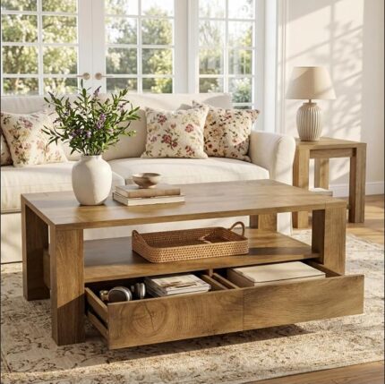 Tribesigns Farmhouse Coffee Table with Storage, 120cm Large Rectangle Coffee Table with 2 Drawers & Open Shelf, Mid Century Modern Wood Living Room Center Tea Table or Apartment, Office, Rustic Brown