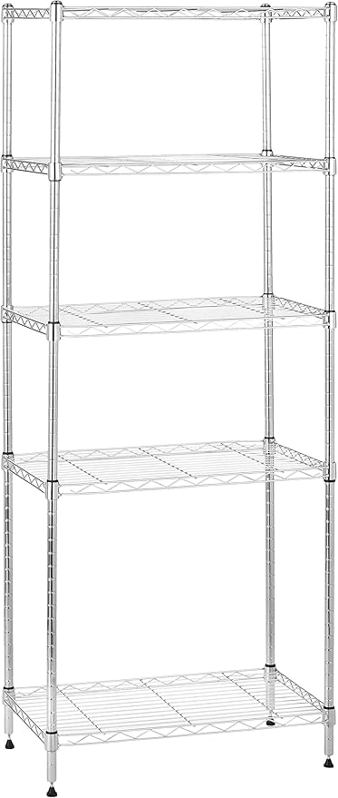 Amazon Basics 5-Shelf Narrow Storage Unit With Height Adjustable Shelves and Levelling Feet, 453kg Max Weight, Chrome, 34 cm D x 58.9 cm W x 152.5 cm H