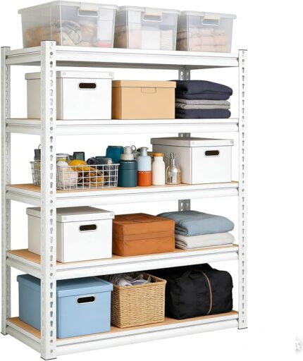 Beauenty 5 Tier Heavy Duty Storage Steel Shelves, Adjustable Garage Shelving Units, Kitchen Storage Shelf Organizer, Industrial Standing Storage Shelf, Max Load 200KG. 180cm H x 90cm W x 40cm(White)