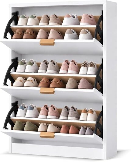 Slim Shoe Cabinet, Freestanding Shoe Rack with 3 Flip Drawers and Metal Pulls for Hallway Entryway Bedroom Living Room (White)
