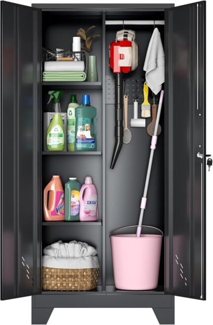 Metal Storage Cabinet, Garage Storage with Lock, Utility Cabinet with Pegboard and Hanging Rod, Metal Cabinet for Garage, Home, Office, Laundry Room, School, Gym, Warehouses, Black