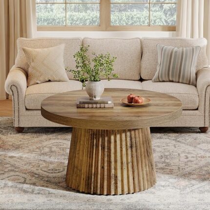 Tribesigns Round Coffee Table, 80cm Modern Circle Center Table with Fluted Drum Base and Wood Grain Finish, Minimalist Accent Cocktail Table for Living Room, Apartment, Small Space, Brown